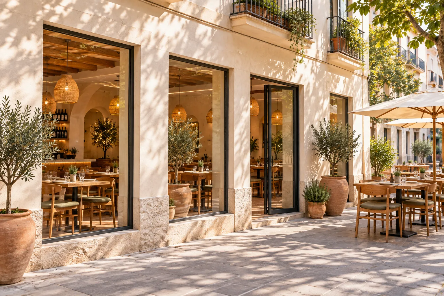 Facade of the fictional Patio del Olivo restaurant