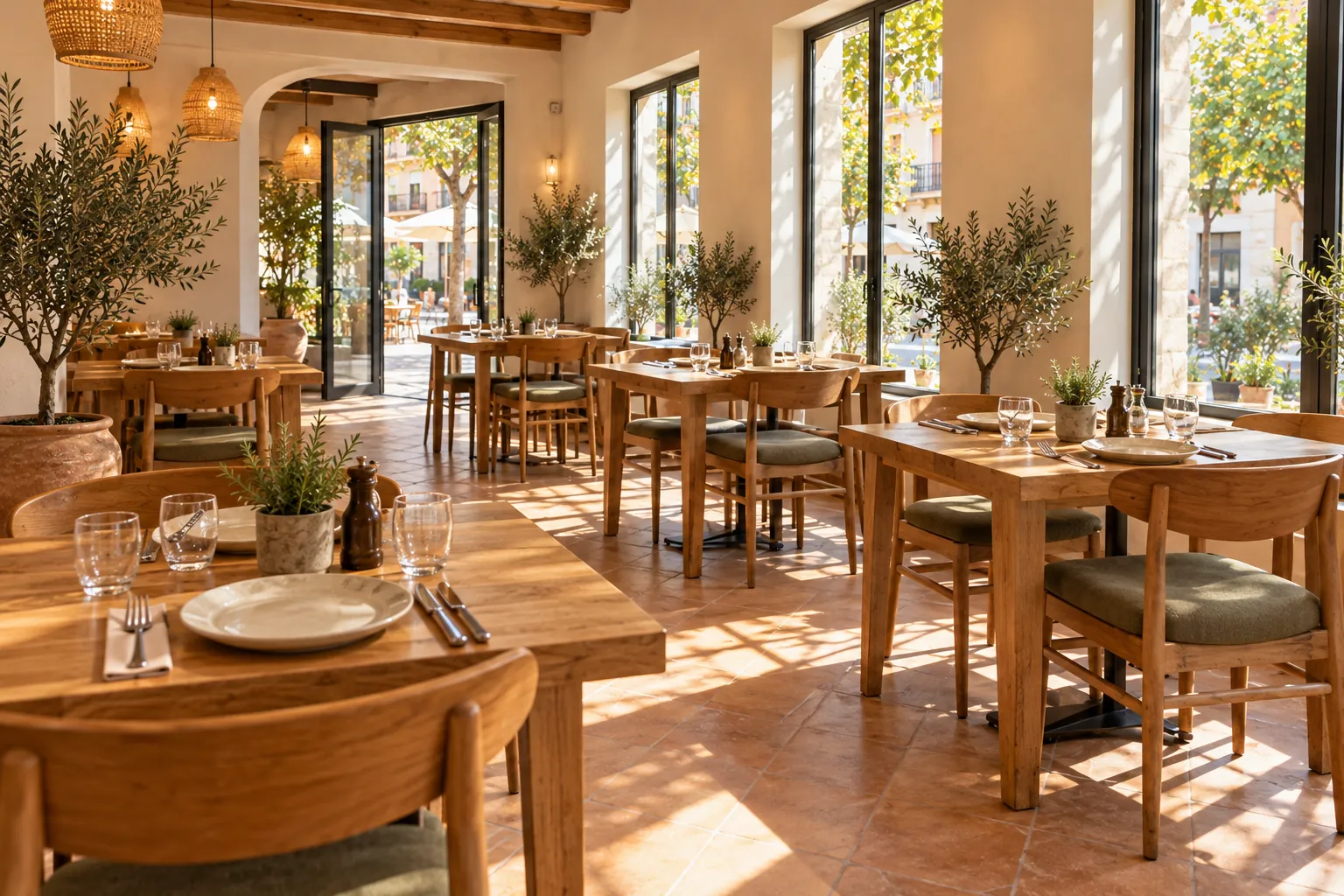 Light-filled dining room with familiar olive green seating