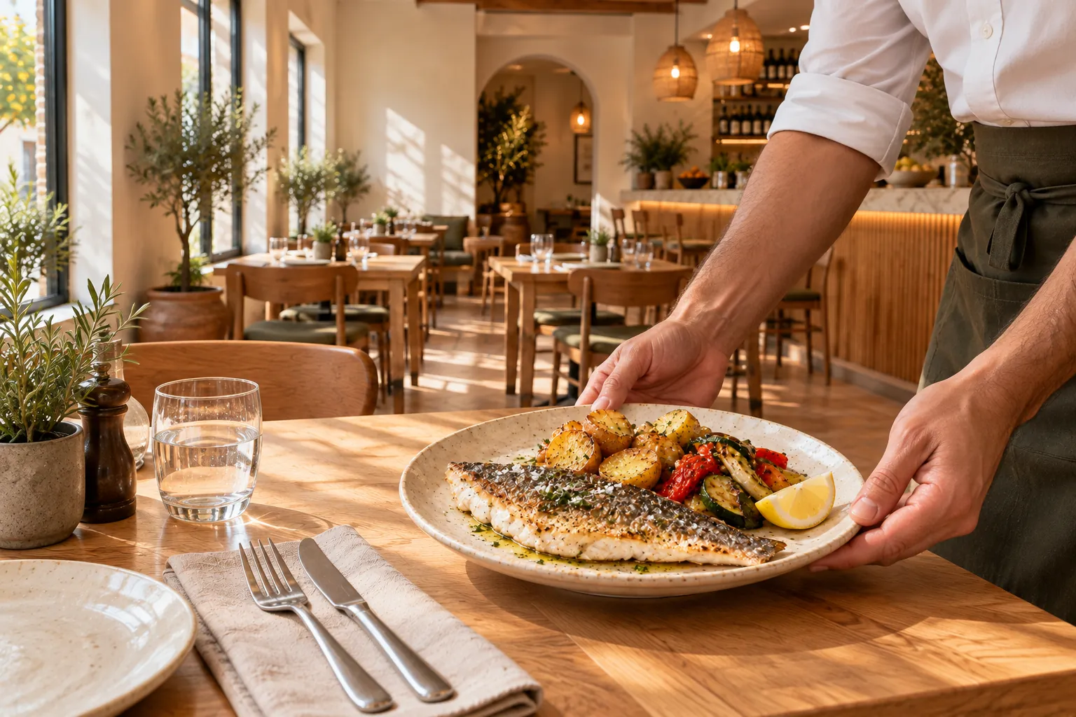 A plate of sea bream being served at a table